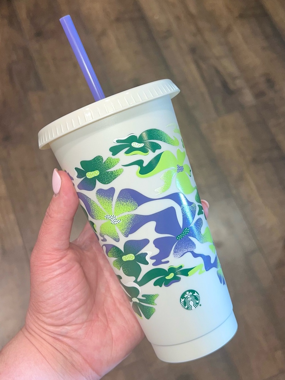 Starbucks White Recycled Floral Cup with Green & Purple Accents